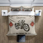 Personalized Motorcycle Comforter or Duvet Cover | Beige Bedding | Custom Chopper | Twin, Queen, King Size - Deja Blue Studios
