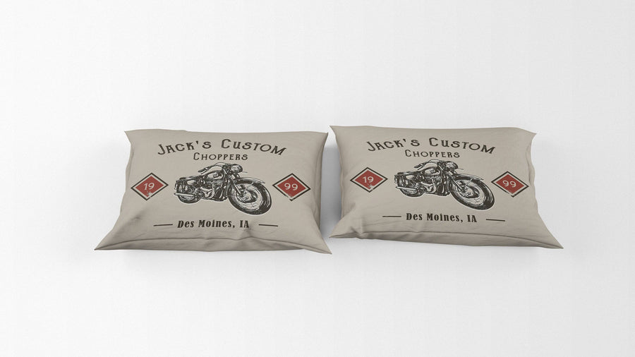 Personalized Motorcycle Comforter or Duvet Cover | Beige Bedding | Custom Chopper | Twin, Queen, King Size - Deja Blue Studios