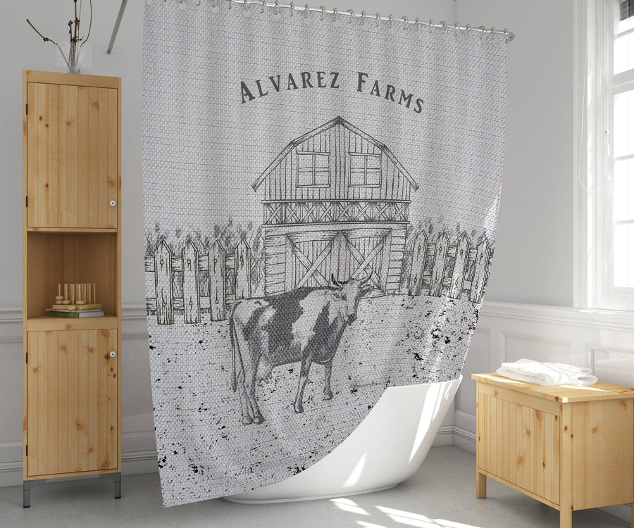 Personalized Farmhouse Cow Shower Curtain  | Country Chic | Barn and Wheat | Farm Theme Bathroom Curtain - Deja Blue Studios