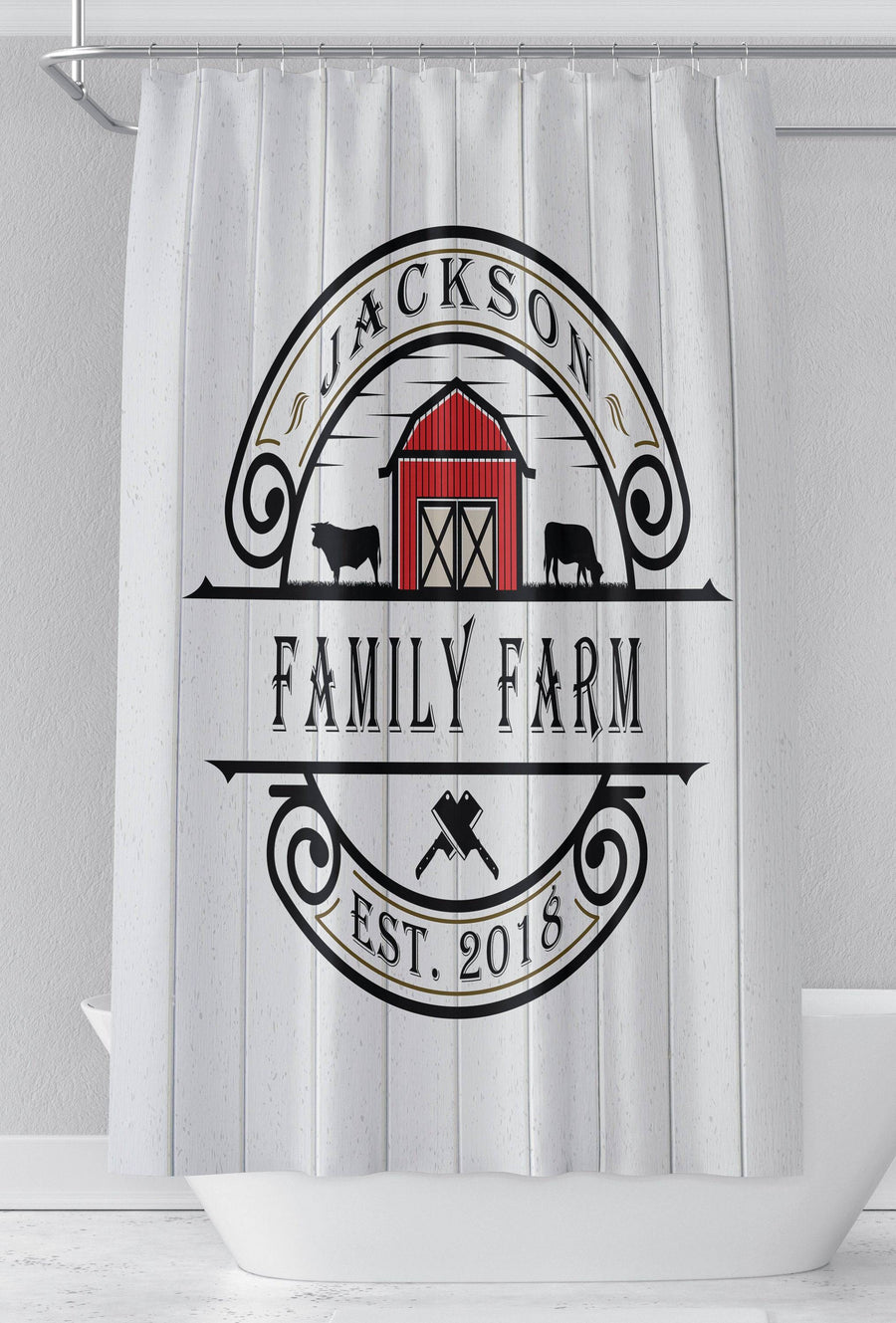 Farmhouse Shower Curtain | Personalized Rustic Shower Curtain | White and Red Barn Farm Logo - Deja Blue Studios