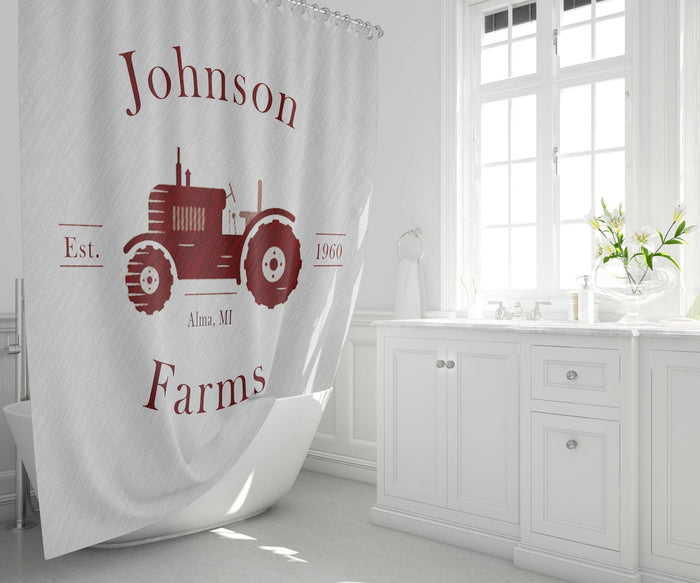 Farmhouse Shower Curtain Personalized | Rustic Red Tractor | Family Name | Farm Name | City and State | Established Date | Customized - Deja Blue Studios