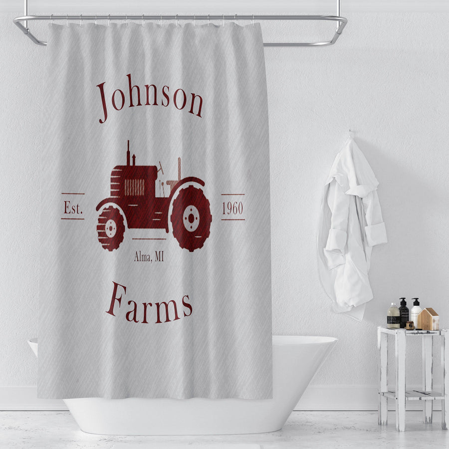 Farmhouse Shower Curtain Personalized | Rustic Red Tractor | Family Name | Farm Name | City and State | Established Date | Customized - Deja Blue Studios