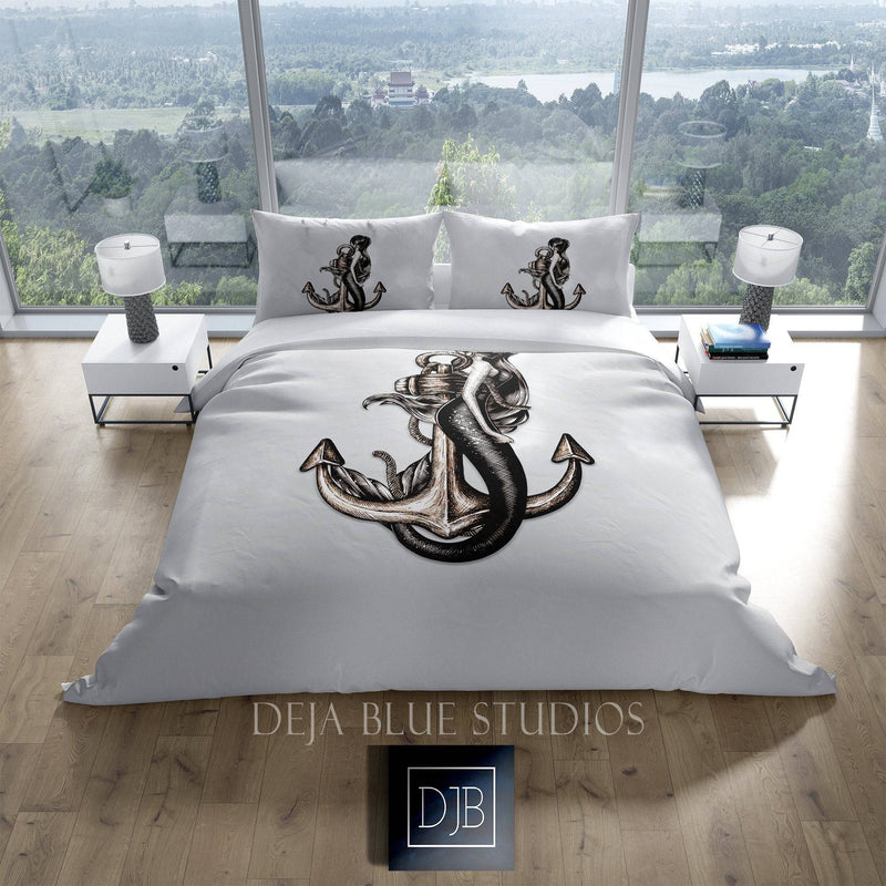 Mermaid and Anchor Comforter or Duvet Cover | Black and White Bedding | Nautical, Ocean | Twin, Queen, King Size - Deja Blue Studios