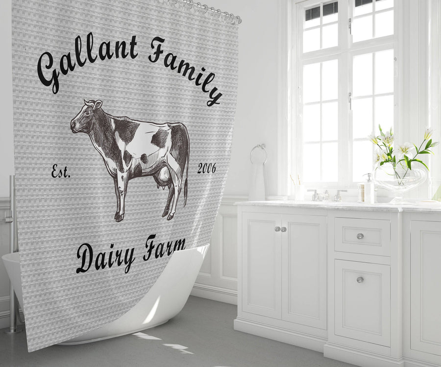 Farmhouse Shower Curtain Personalized | Dairy Cow Shower Curtain | Farm Bathroom Decor - Deja Blue Studios