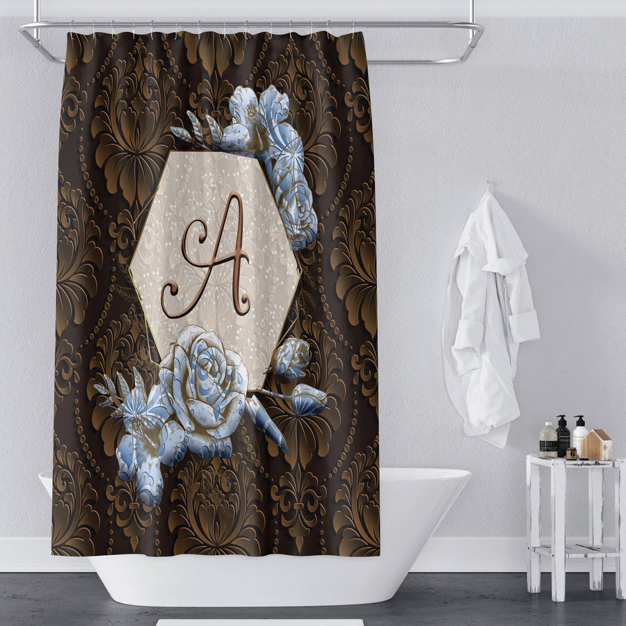 Personalized Farmhouse Monogram Shower Curtain | Chocolate Brown | Blue or Mint Floral Frame - Deja Blue Studios