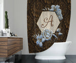 Personalized Farmhouse Monogram Shower Curtain | Chocolate Brown | Blue or Mint Floral Frame - Deja Blue Studios