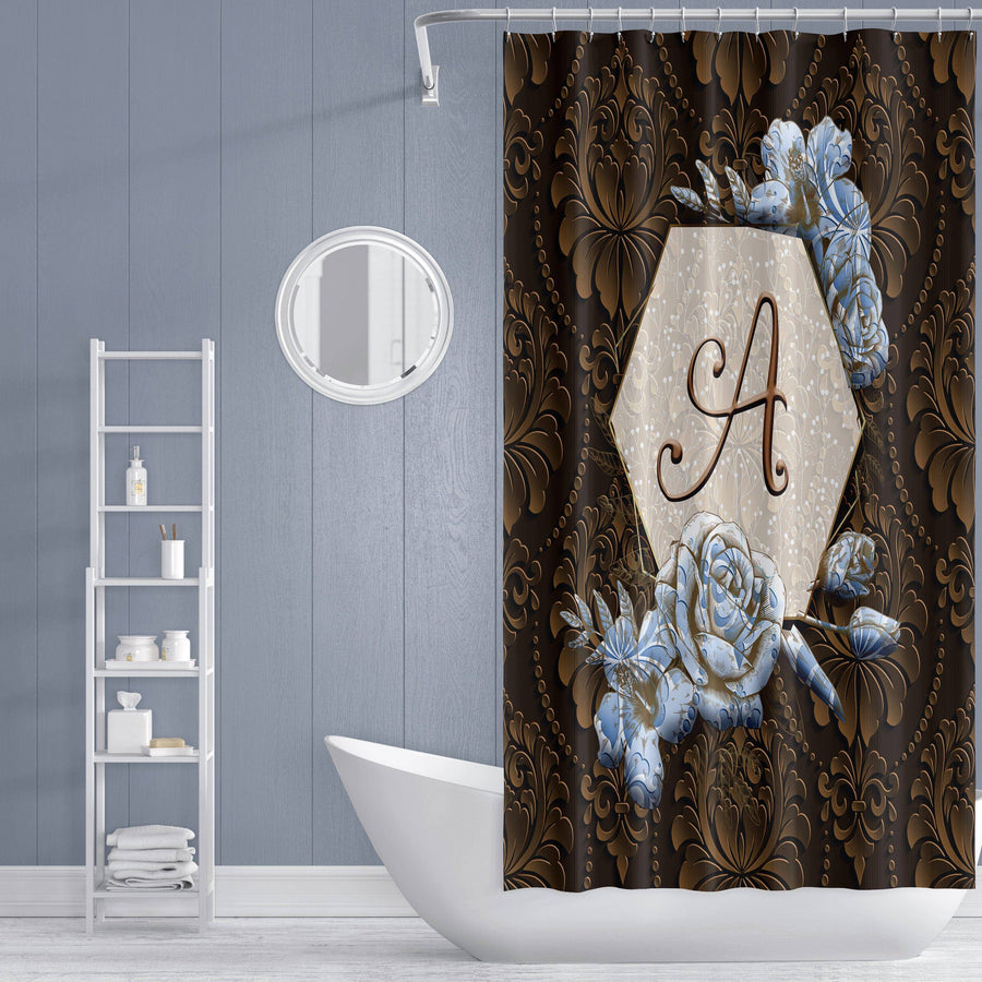 Personalized Farmhouse Monogram Shower Curtain | Chocolate Brown | Blue or Mint Floral Frame - Deja Blue Studios
