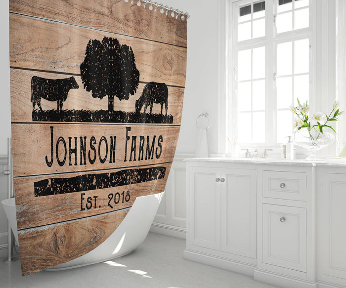 Personalized Rustic Angus Cow Farm Shower Curtain with Optional Bathmat | Rustic Wood, Cow Silhouette - Deja Blue Studios