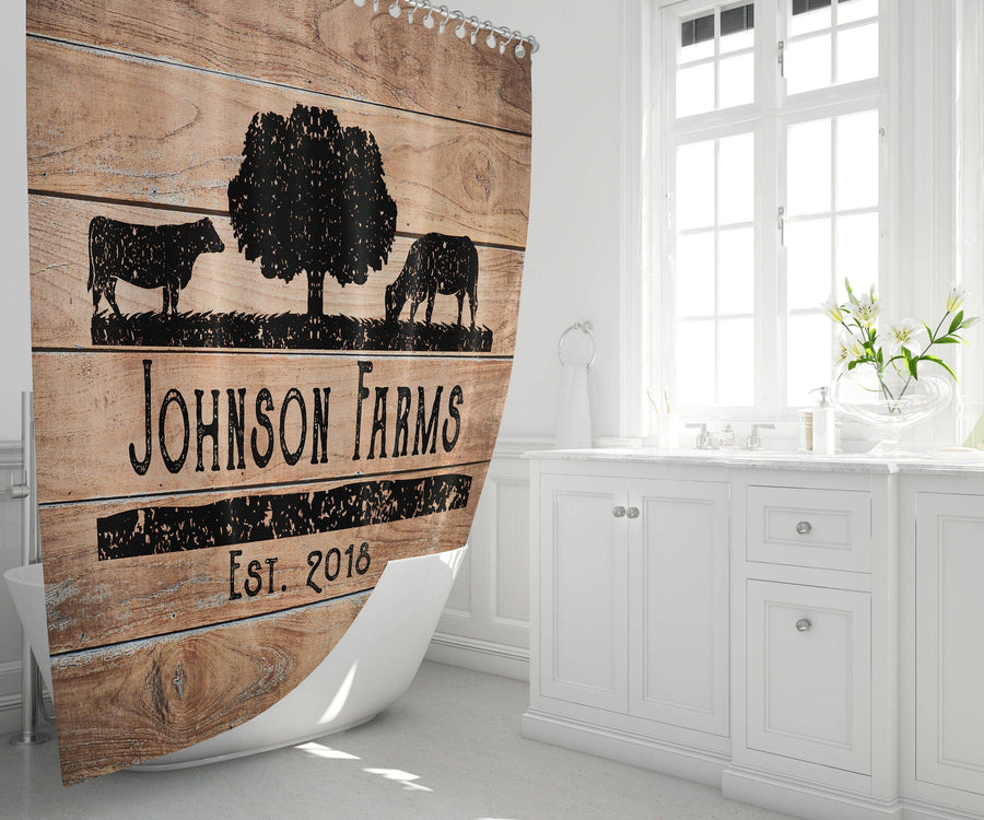 Personalized Rustic Angus Cow Farm Shower Curtain with Optional Bathmat | Rustic Wood, Cow Silhouette - Deja Blue Studios