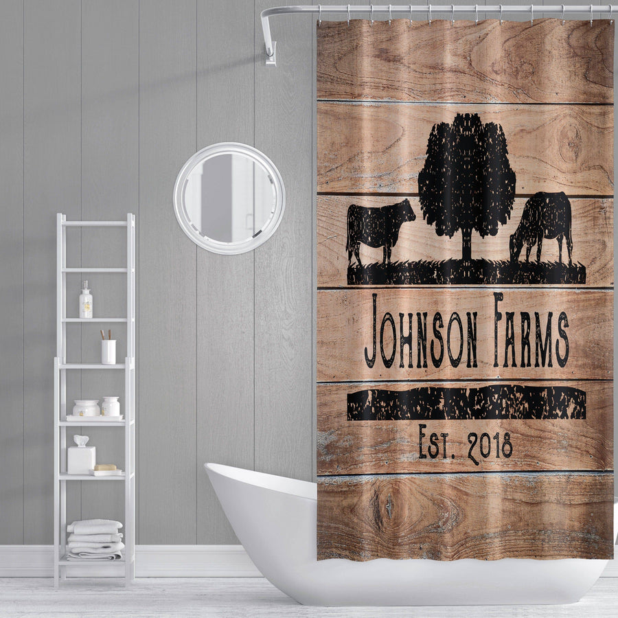 Personalized Rustic Angus Cow Farm Shower Curtain with Optional Bathmat | Rustic Wood, Cow Silhouette - Deja Blue Studios