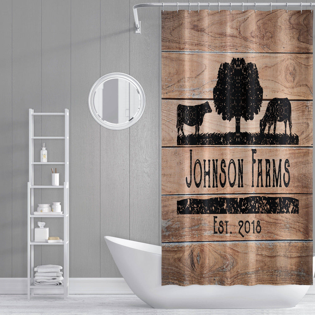 Personalized Rustic Angus Cow Farm Shower Curtain with Optional Bathmat | Rustic Wood, Cow Silhouette - Deja Blue Studios