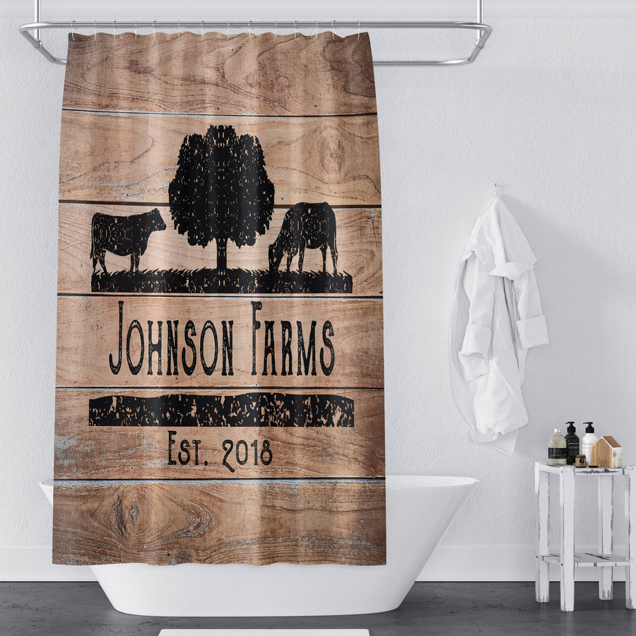 Personalized Rustic Angus Cow Farm Shower Curtain with Optional Bathmat | Rustic Wood, Cow Silhouette - Deja Blue Studios