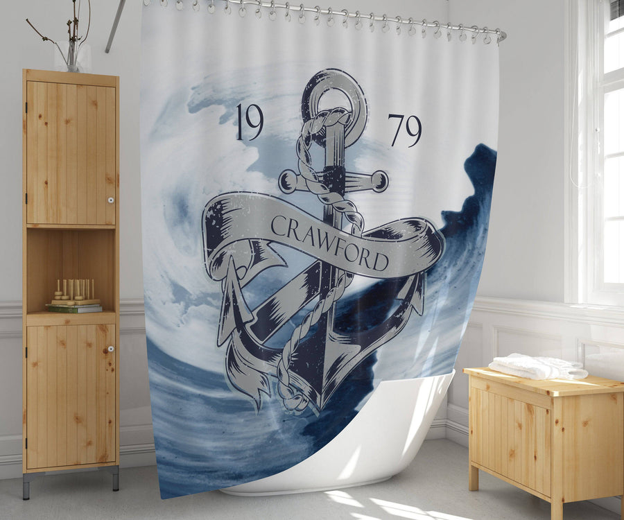 Personalized Nautical Shower Curtain | Anchor and Waves | Ocean Bath Decor - Deja Blue Studios