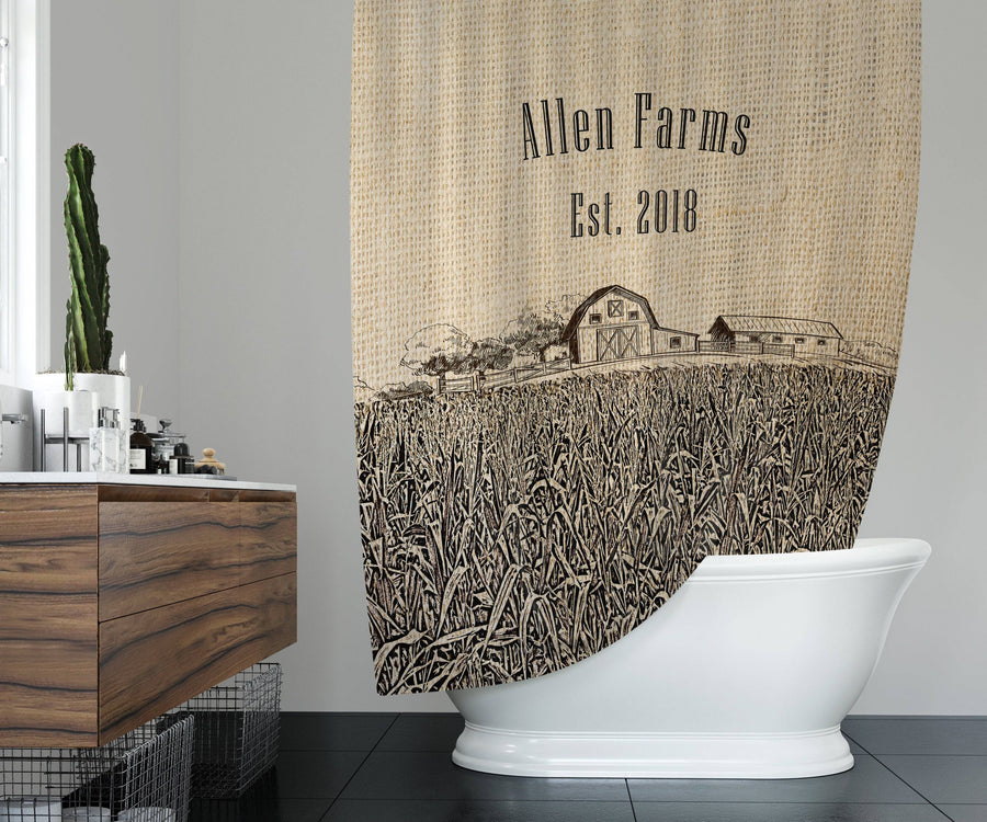 Personalized Rustic Corn Field Shower Curtain | Farmhouse Shower Curtain - Deja Blue Studios