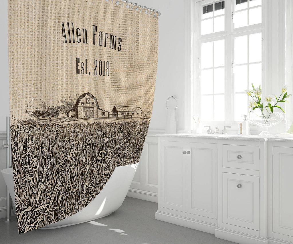 Personalized Rustic Corn Field Shower Curtain | Farmhouse Shower Curtain - Deja Blue Studios