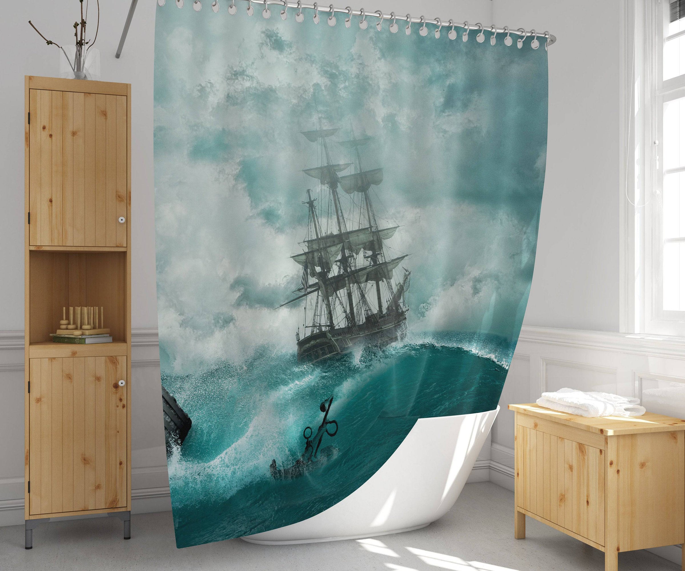 Blue Nautical Shower Curtain, Old Ship On the Sea, Long and Extra Long  Curtain
