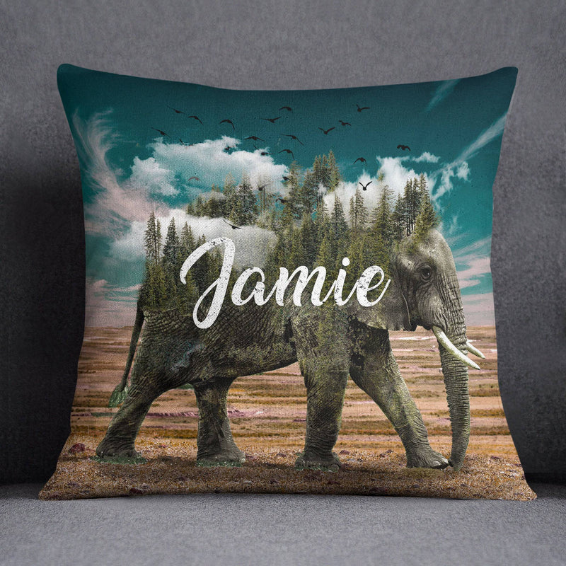 Personalized Elephant Mountain Throw Pillow | Outdoor, Abstract, Scenic, Pine Trees, Sofa Cushion - Deja Blue Studios