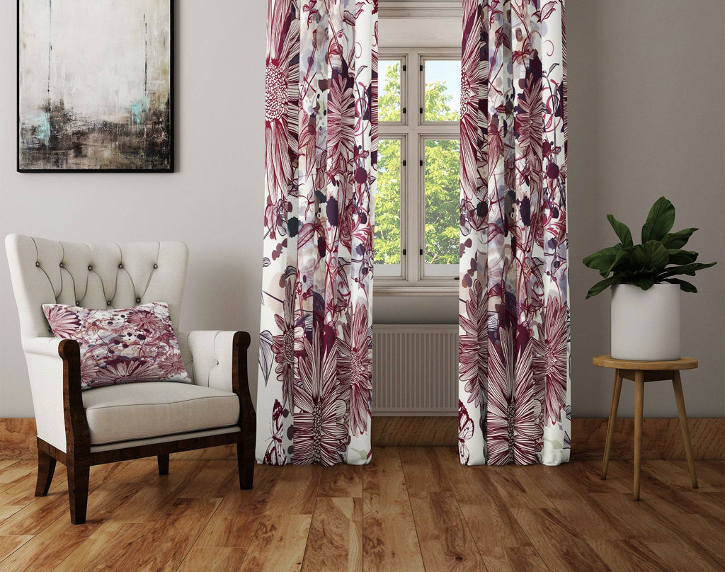 Burgundy and Beige Farmhouse Floral Window Curtains - Deja Blue Studios