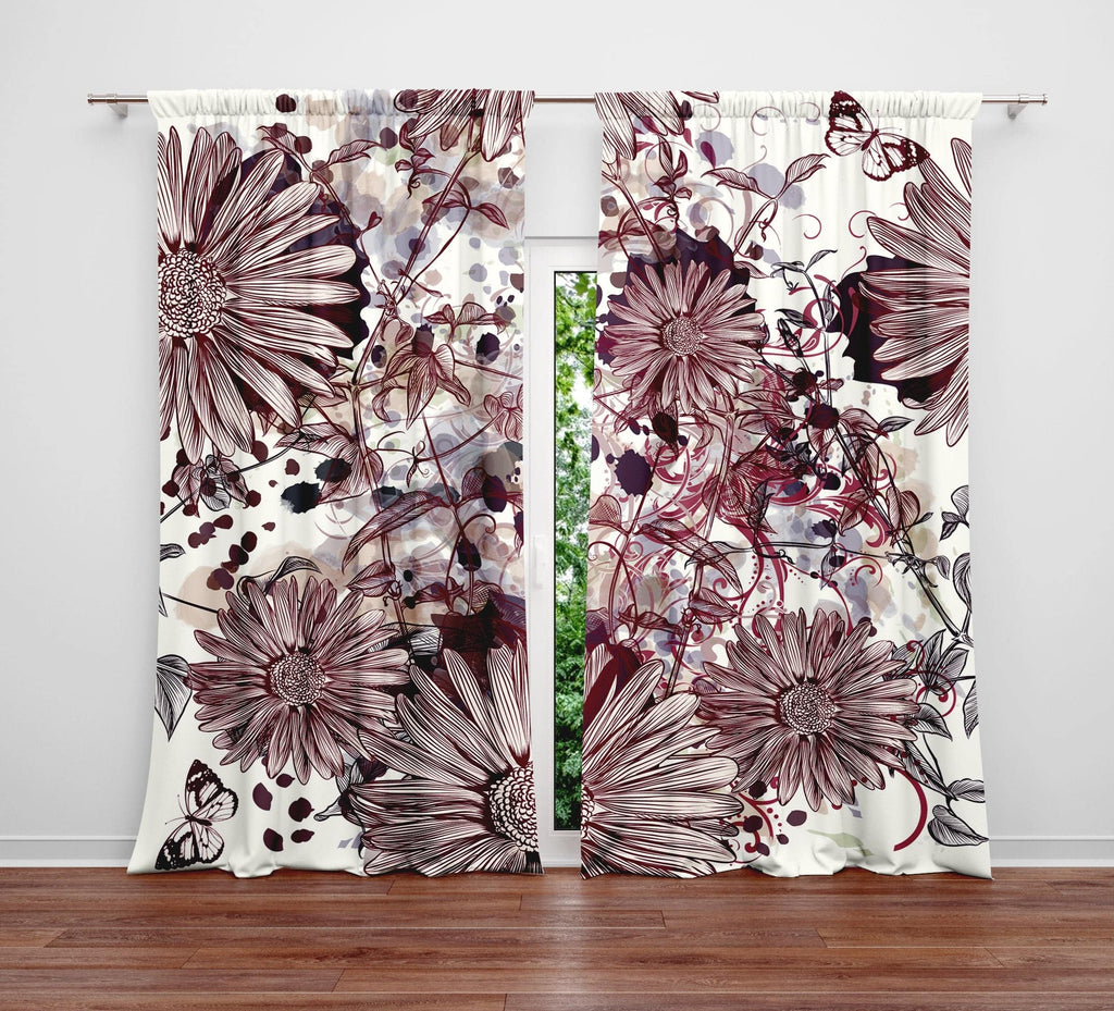 Burgundy and Beige Farmhouse Floral Window Curtains - Deja Blue Studios