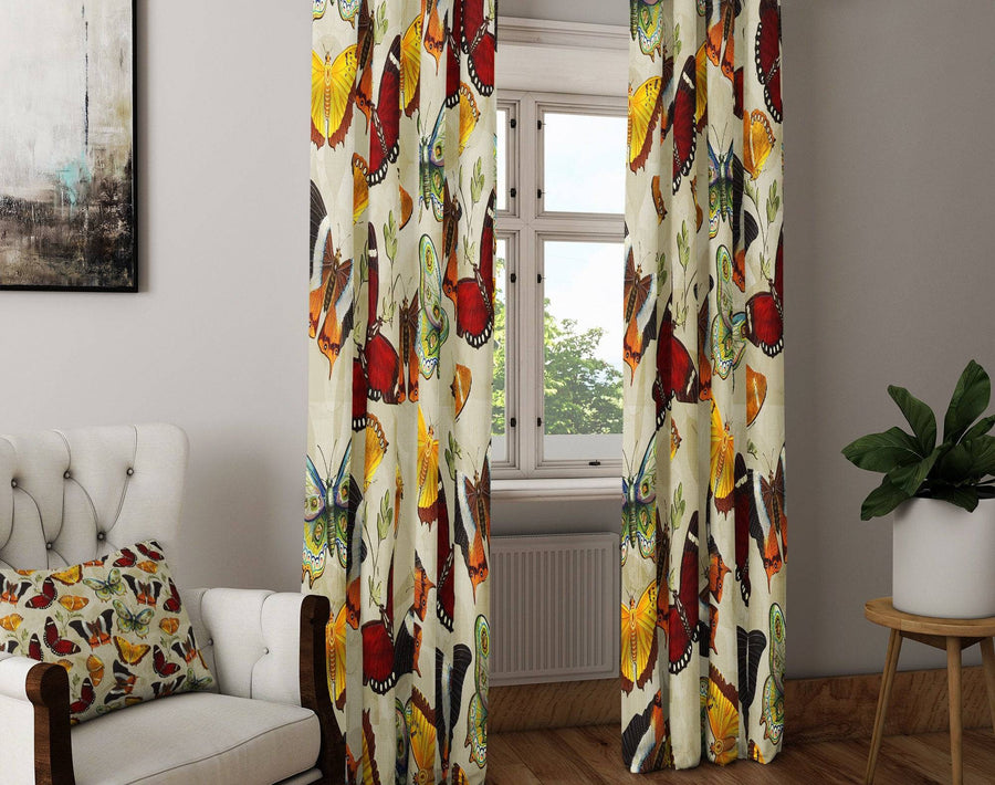 Beige Butterfly Window Curtains - Deja Blue Studios