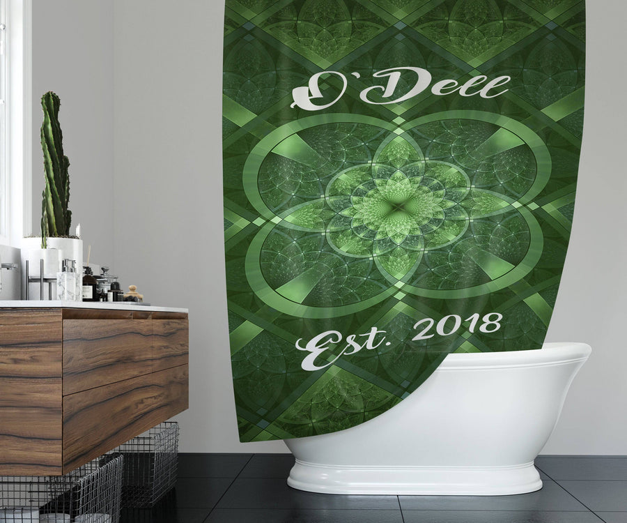 Personalized Fractal Shamrock Shower Curtain | Family Name, Established Date, Gift, Irish, Ireland, Emerald Green - Deja Blue Studios