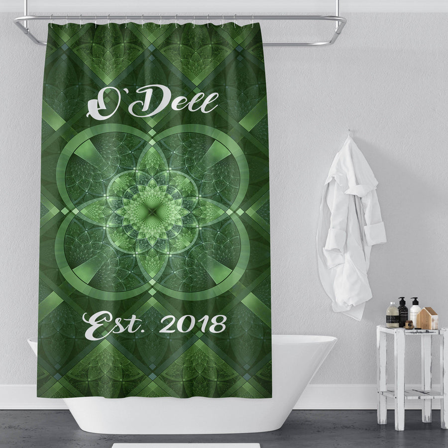 Personalized Fractal Shamrock Shower Curtain | Family Name, Established Date, Gift, Irish, Ireland, Emerald Green - Deja Blue Studios