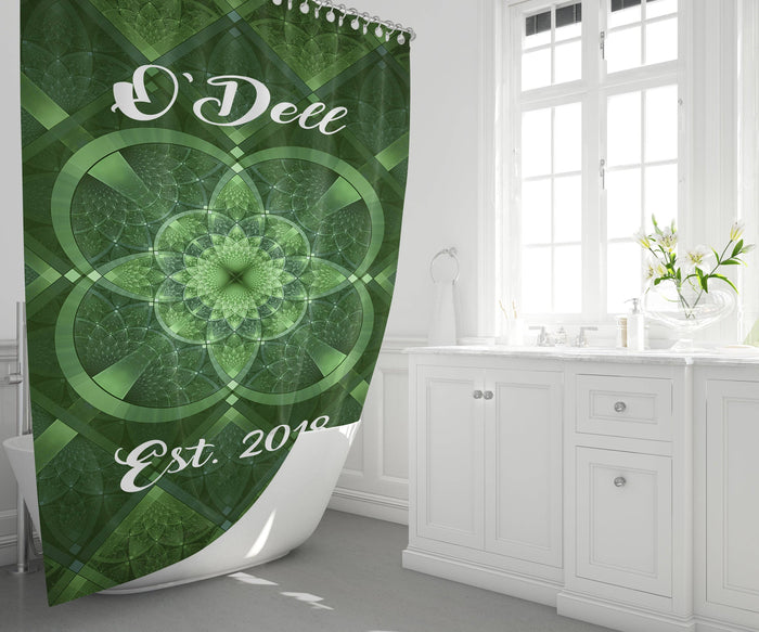 Personalized Fractal Shamrock Shower Curtain | Family Name, Established Date, Gift, Irish, Ireland, Emerald Green - Deja Blue Studios