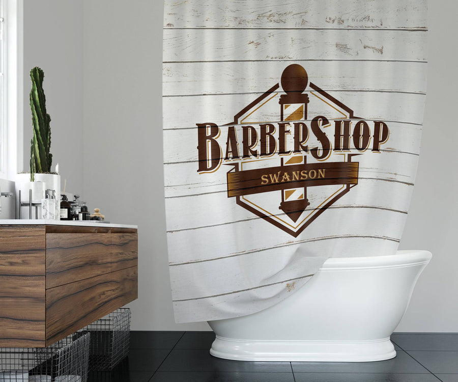 Personalized Rustic Barbershop Shower Curtain | White Wood, Brown Logo, Barber Gift, Bathroom Decor - Deja Blue Studios