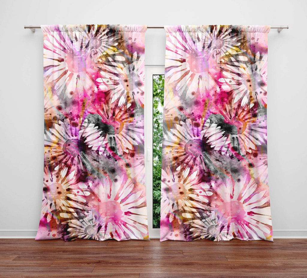 Pink Watercolor Daisies Window Curtains - Deja Blue Studios