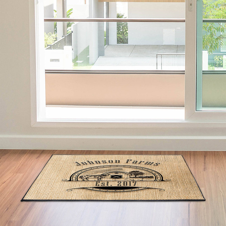 Personalized Faux Burlap Print Farmhouse Door Rug | Cow and Pig | Black Trimmed | Durgan Non Slip Backing - Deja Blue Studios