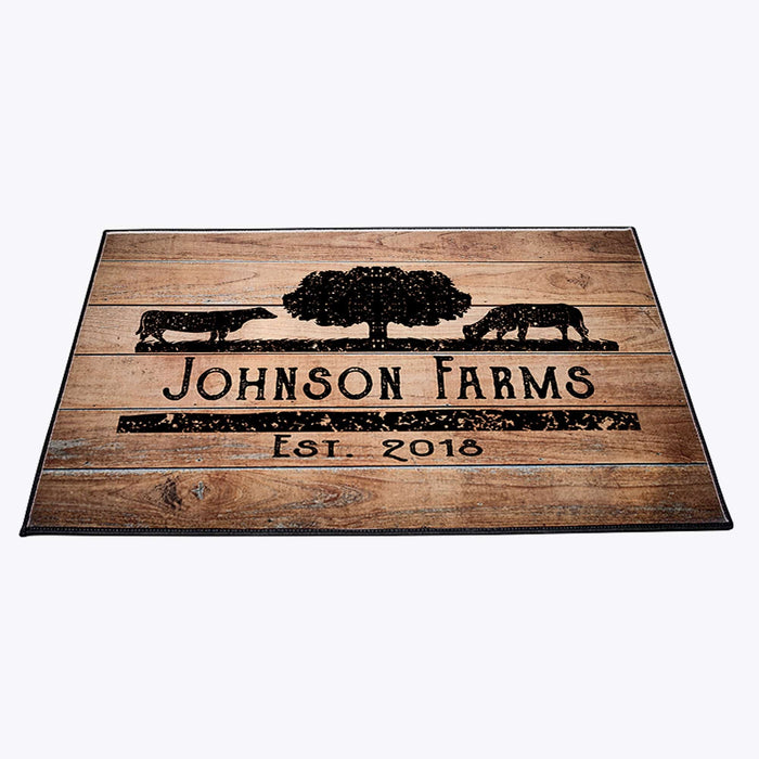 Personalized Rustic Angus Cow Farmhouse Door Rug | Rustic Wood Print | Front Doormat - Deja Blue Studios