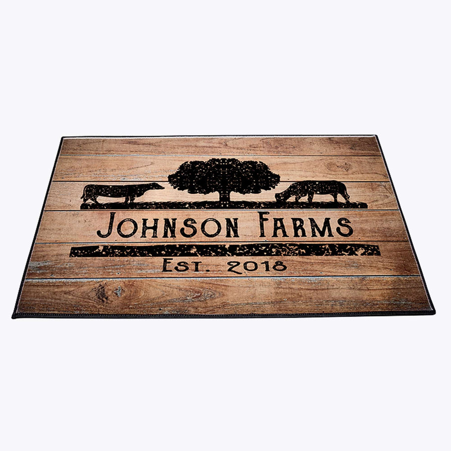 Personalized Rustic Angus Cow Farmhouse Door Rug | Rustic Wood Print | Front Doormat - Deja Blue Studios
