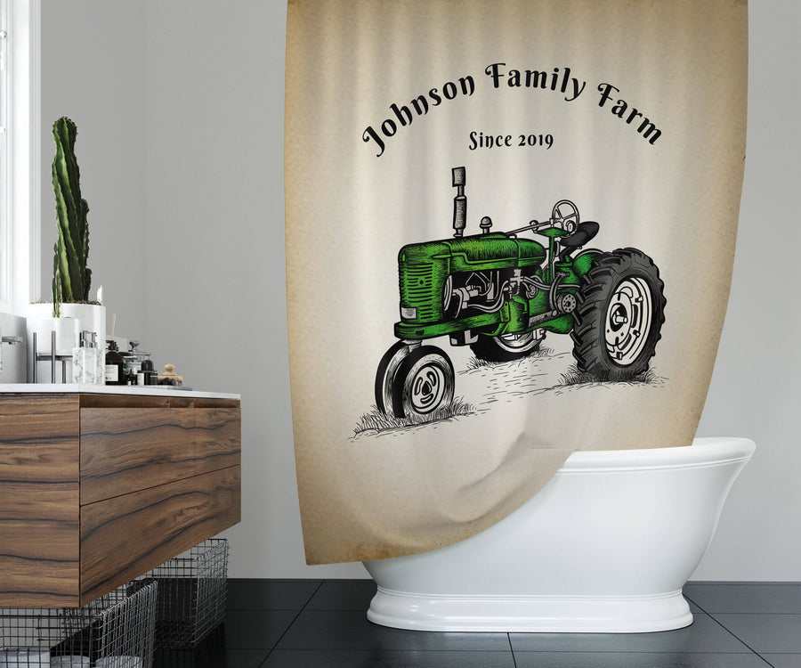 Personalized Green Tractor Farm Shower Curtain | Rustic Beige | Farmhouse, Country, Crops, Farm Gift - Deja Blue Studios