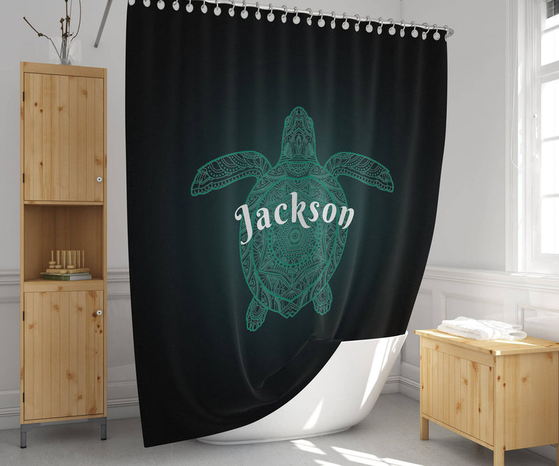 Personalized Sea Turtle Shower Curtain | Black and Teal | Mandala, Tortoise, Neon, Ocean Lover Gift - Deja Blue Studios