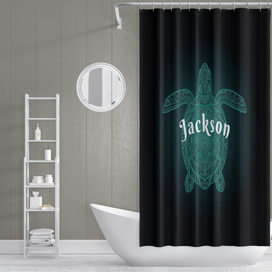 Personalized Sea Turtle Shower Curtain | Black and Teal | Mandala, Tortoise, Neon, Ocean Lover Gift - Deja Blue Studios
