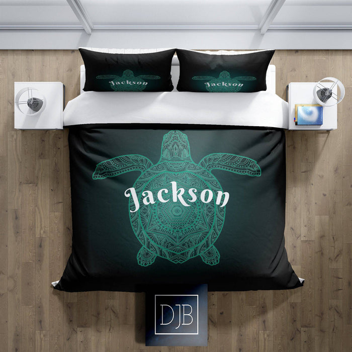 Personalized Green Turtle Comforter or Duvet Cover | Black and Green Bedding | Twin, Queen, King Size | Nautical Bedding - Deja Blue Studios