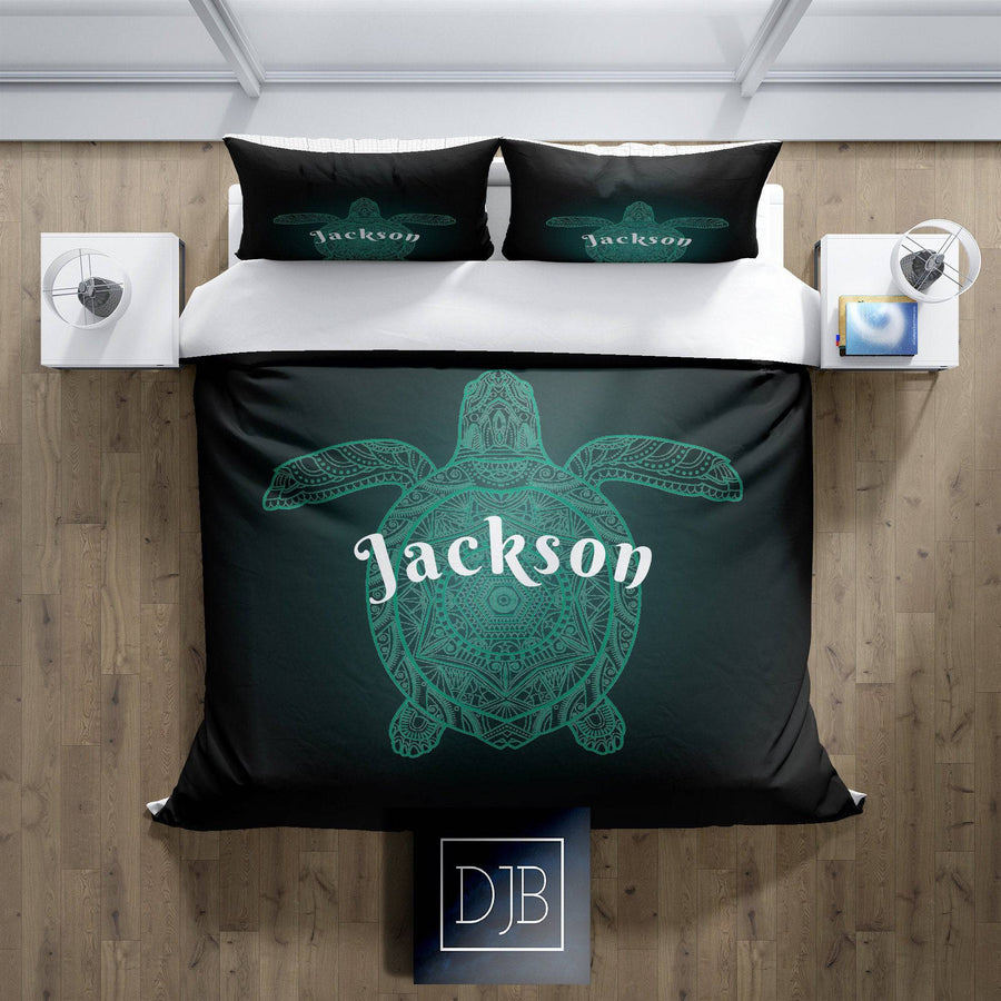 Personalized Green Turtle Comforter or Duvet Cover | Black and Green Bedding | Twin, Queen, King Size | Nautical Bedding - Deja Blue Studios