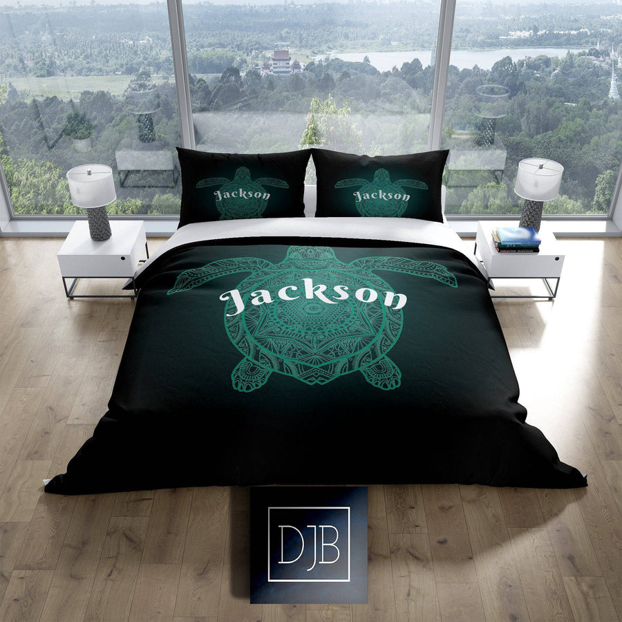 Personalized Green Turtle Comforter or Duvet Cover | Black and Green Bedding | Twin, Queen, King Size | Nautical Bedding - Deja Blue Studios