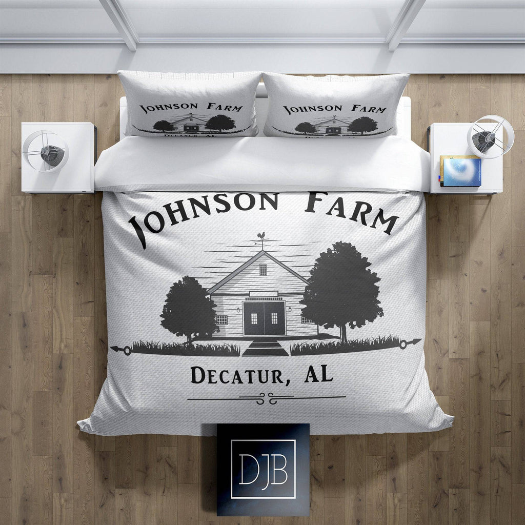 Personalized Old Farmhouse Schoolhouse Comforter or Duvet Cover | Chic Bedding | Twin, Queen, King Size | Farm Style Bed - Deja Blue Studios