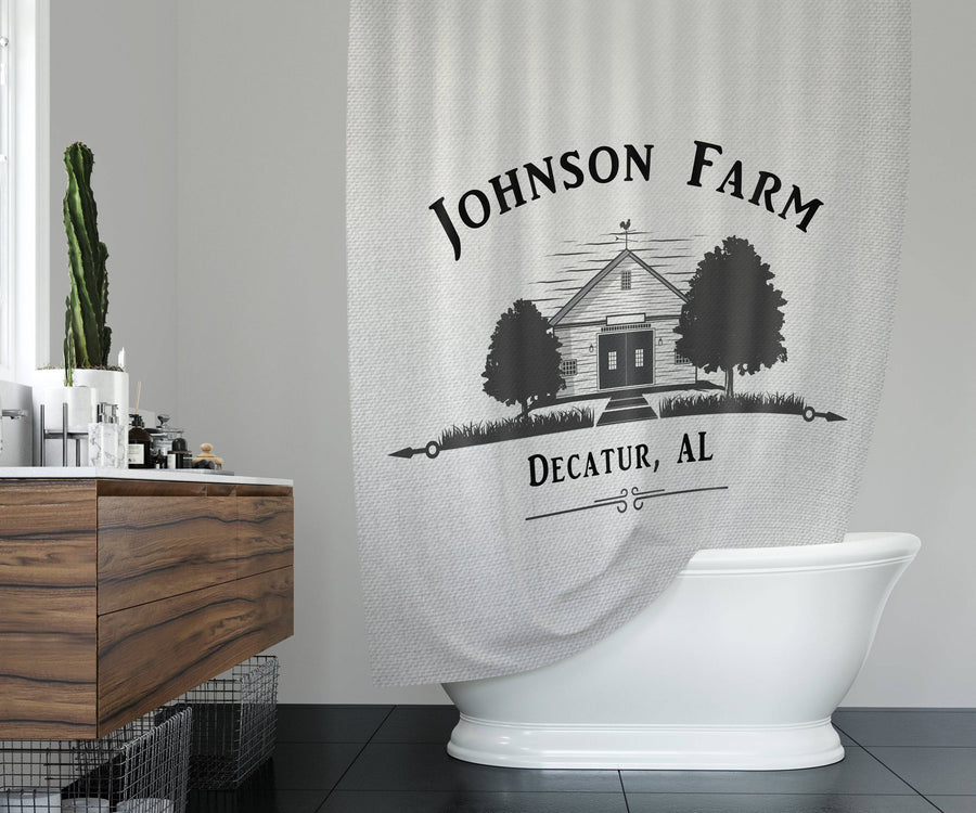 Personalized Old Schoolhouse Farm Shower Curtain | Black and Gray | Minimalist Farmhouse, Country Decor - Deja Blue Studios