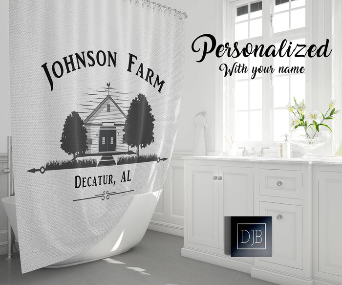 Personalized Old Schoolhouse Farm Shower Curtain | Black and Gray | Minimalist Farmhouse, Country Decor - Deja Blue Studios