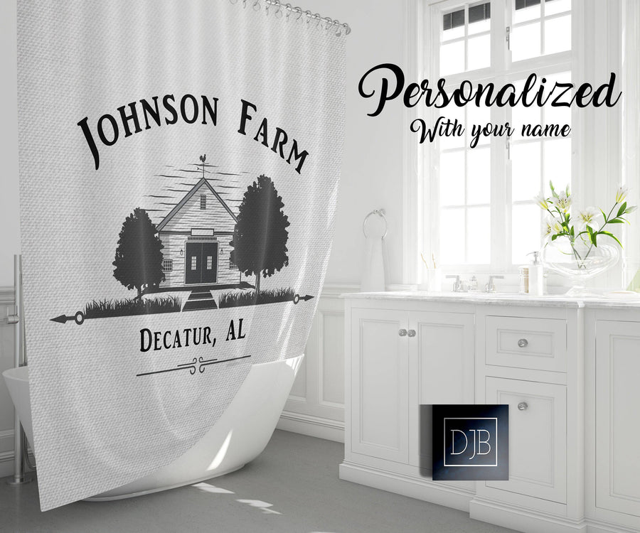 Personalized Old Schoolhouse Farm Shower Curtain | Black and Gray | Minimalist Farmhouse, Country Decor - Deja Blue Studios