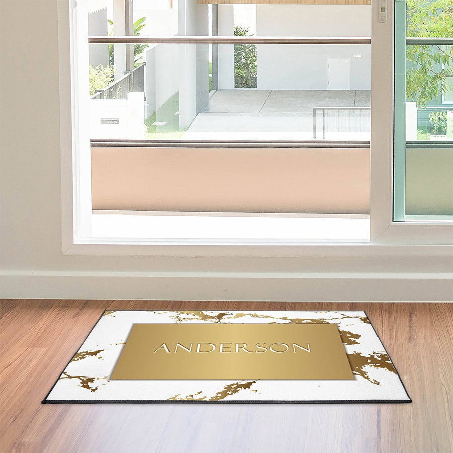Personalized White and Gold Doormat | Marble Print | Door and Floor Rug | Contemporary, Modern, Personalized Gift, New Homeowner - Deja Blue Studios