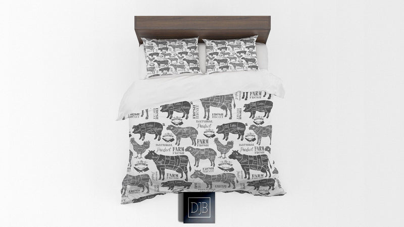 Gray Scale Farm Animal Comforter or Duvet Cover | Meat Cut, Cow, Pig, Sheep, Chicken | Farmhouse Chic | Twin, Queen, King Size - Deja Blue Studios