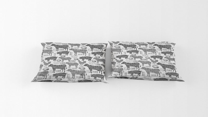 Gray Scale Farm Animal Comforter or Duvet Cover | Meat Cut, Cow, Pig, Sheep, Chicken | Farmhouse Chic | Twin, Queen, King Size - Deja Blue Studios