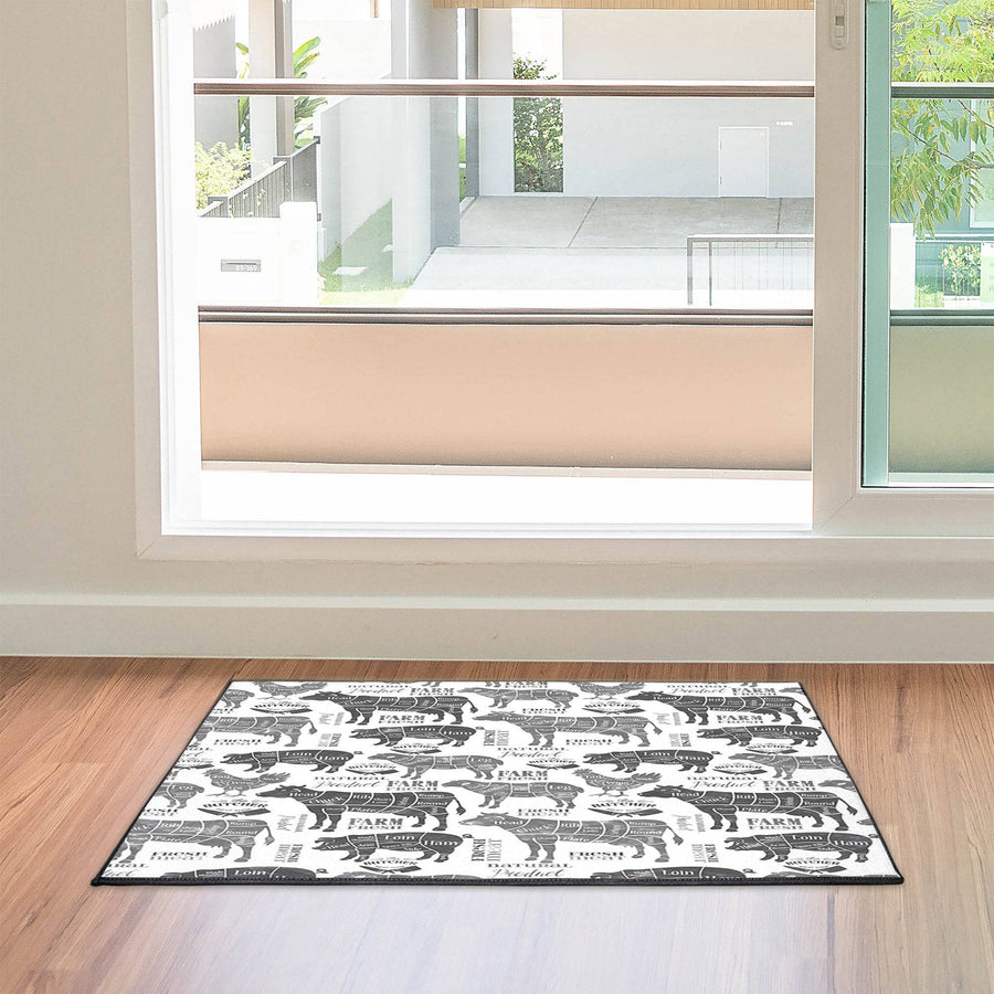 Gray Scale Farm Animal Rug | Cow, Pig, Sheep, Chicken | Farmhouse Doormat | Floor Mat, Door Mat - Deja Blue Studios