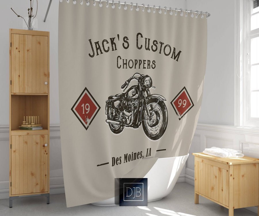Personalized Motorcycle Shower Curtain | Custom Choppers | Beige Bathroom Decor | Garage Gift - Deja Blue Studios
