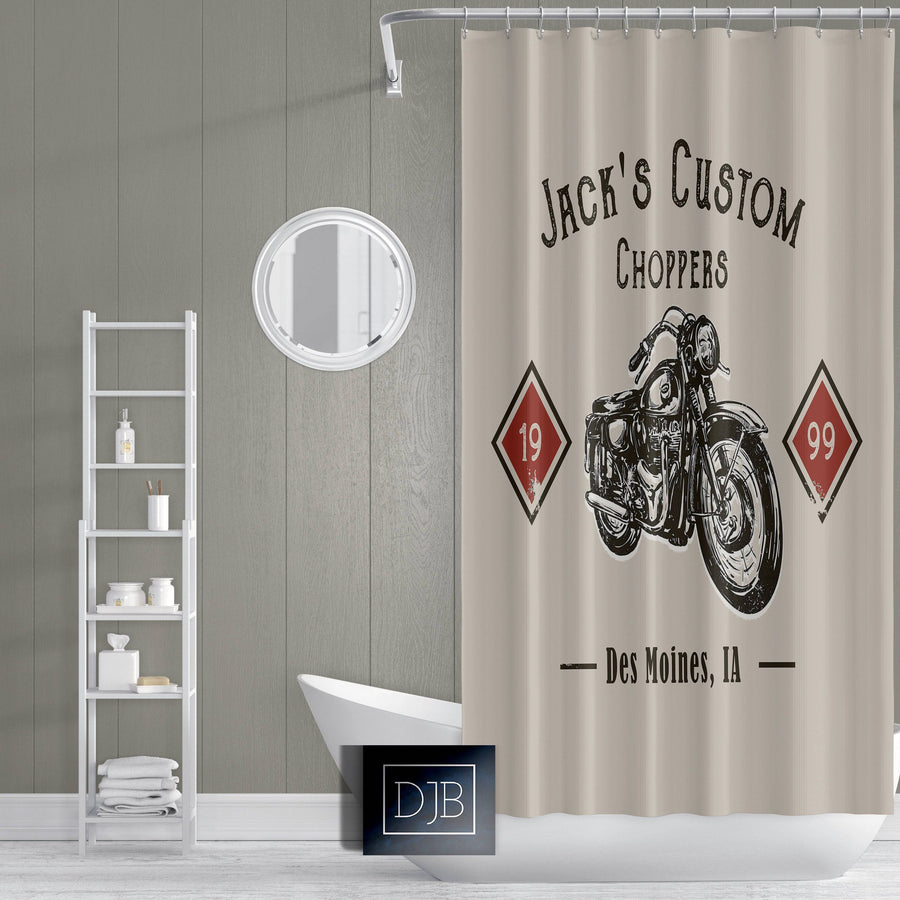 Personalized Motorcycle Shower Curtain | Custom Choppers | Beige Bathroom Decor | Garage Gift - Deja Blue Studios