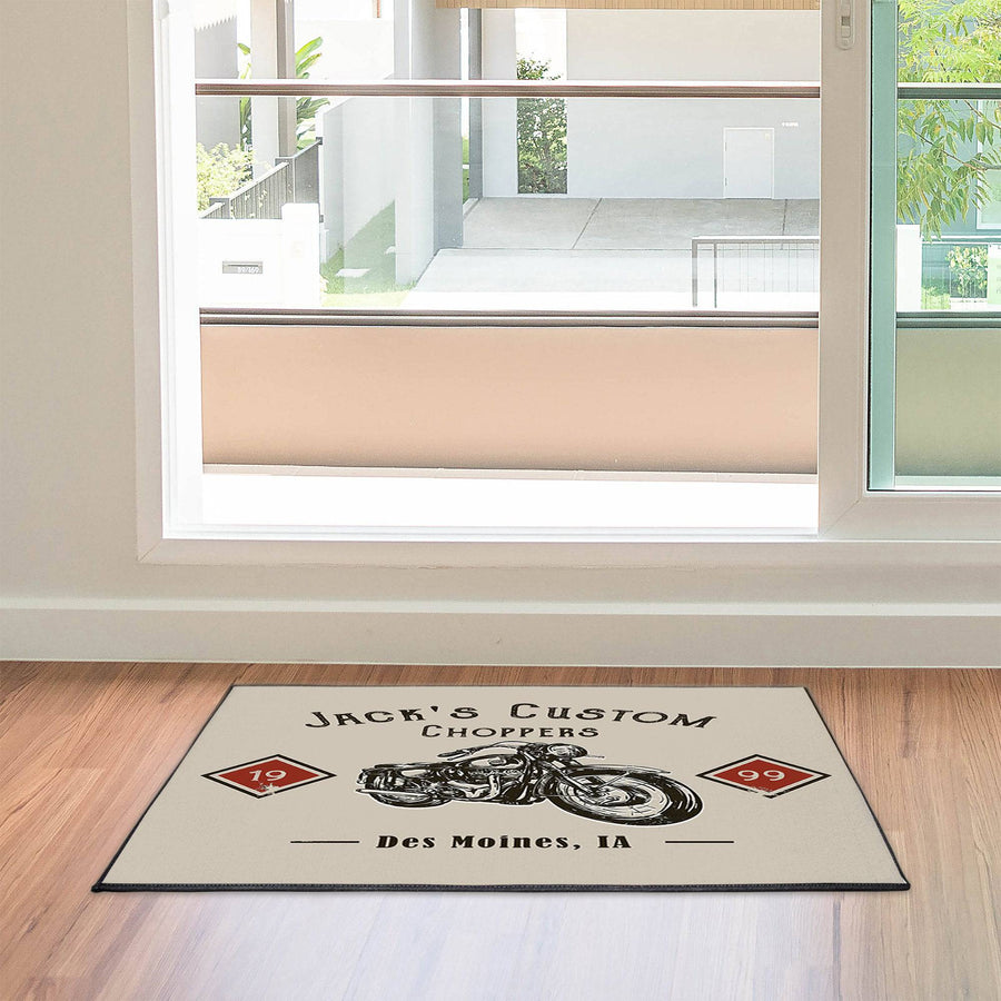 Personalized Custom Chopper Motorcycle Doormat | Beige and Red Rug | Door and Floor Rug - Deja Blue Studios