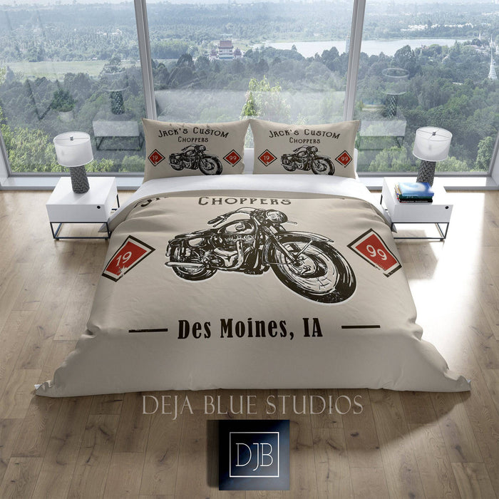 Personalized Motorcycle Comforter or Duvet Cover | Beige Bedding | Custom Chopper | Twin, Queen, King Size - Deja Blue Studios
